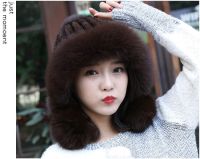 Genuine real natural knitted Mink Fur Hat Cap with fox fur ball women hand made Fashion Winter Headgear Russian warm winter