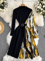 Singiny Plissado Malha Retalhos Vestido De Inverno Impressão Retro Suporte Pescoço Senhoras Outono Quente Linha Camisola Vestidos แมนกาลองกา