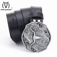 Cowskin Leather Belts For Men With Longhorn Bull Animal Metal Buckle Western Cowboy Casual Waist Belt Fashion Male Accessories