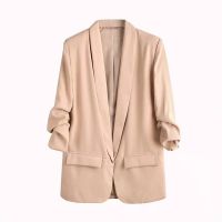 2019 spring womens European and American new solid color three-quarter sleeves pleated cuffs casual suit jacket 2761243610