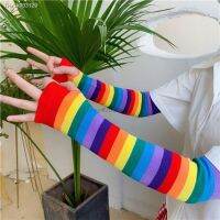 ▣✣ Elbow Length Fingerless Arm Sleeve Warmer Rainbow Striped Knitted Sunscreen Halloween Costume Fingerless Mittens Oversleeve