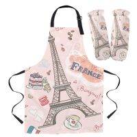 [TIN Household Products] ชุดผ้ากันเปื้อน Paris Pink Retro Eiffel Tower เตาอบผ้ากันเปื้อนสำหรับทำอาหารทำสวนผู้หญิงเด็กผ้ากันเปื้อน Cuff อุปกรณ์เบเกอรี่