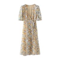 ZZOOI KPYTOMOA Women 2020 Chic Fashion Floral Print Wrap Midi Dress Vintage Short Sleeve Side Bow Tied Female Dresses Vestidos Mujer