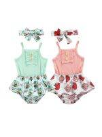 3 Pcs Newborn Summer Outfits, Baby Girls Solid Color Sleeveless Square Collar Romper + Printed Ruffle Shorts + Headband  by Hs2023