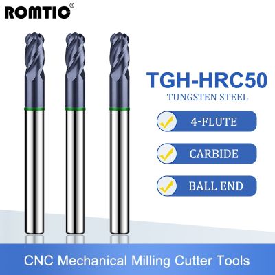 ROMTIC TGH-HRC50 ทังสเตนเหล็กคาร์ไบด์สําหรับเครื่องตัดมิลลิ่งเหล็ก 4F Color-Ring Coating CNC Mechanical Ball End Endmills เครื่องมือ