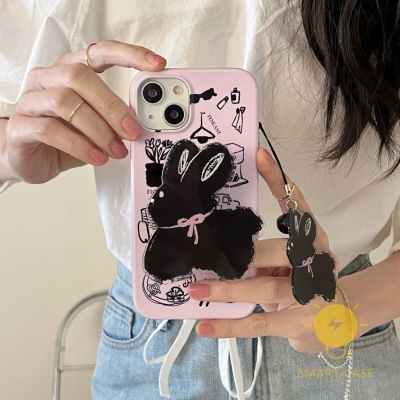 For เคสไอโฟน 14 Pro Max [Cute Rabbit Pop Grip Chain] Detachable Border Two-piece เคส Phone Case For iPhone 14 Pro Max Plus 13 12 Mini 11 For เคสไอโฟน11 Ins Korean Style Retro Classic Couple Shockproof Protective TPU Cover Shell