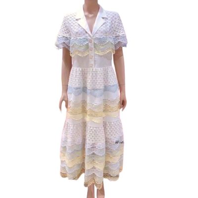 P010-199 PIMNADACLOSET - Short Sleeve Collar Button Down Cotton Multi Colour Lace Loose Side Pocket Long Maxi Dress