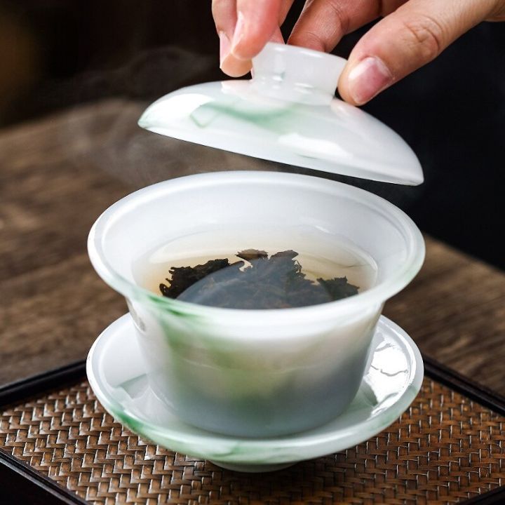 ถ้วยชาหมึกปากกาสีเขียวมรกตเครื่องเคลือบหยกชามมีฝาถ้วยชาแก้วถ้วยน้ำชาของขวัญชุดชาของตกแต่งกังฟู