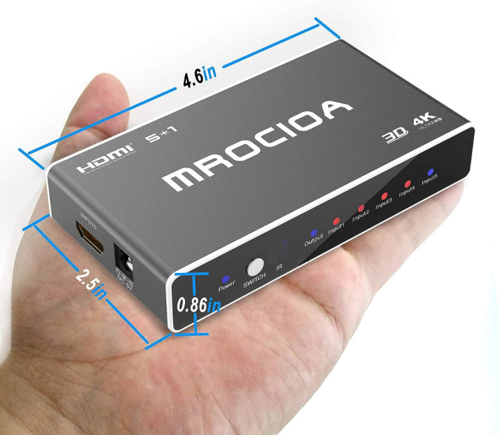 mrocioa-hdmi-switch-4k-5-in-1-out-hdmi-switcher-5-port-with-ir-remote-control-hdmi-1-4-splitter-support-4k-30hz-2160p-1080p-switch-4k-5-port-1-4-black