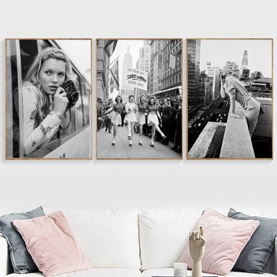 Vintage New York Fashion Girl Wall Art Painting - Black And White Canvas Print-สไตล์นอร์ดิกโปสเตอร์และภาพพิมพ์สำหรับห้องนั่งเล่นตกแต่งบ้าน-ไอเดียของขวัญที่ไม่ซ้ำกัน