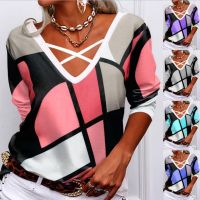 Women Winter Autumn Overlapping V Neck Geometric Print T-shirt Casual Long Sleeve Tops Loose Pullover Plus Size Basic Shirt 5XL