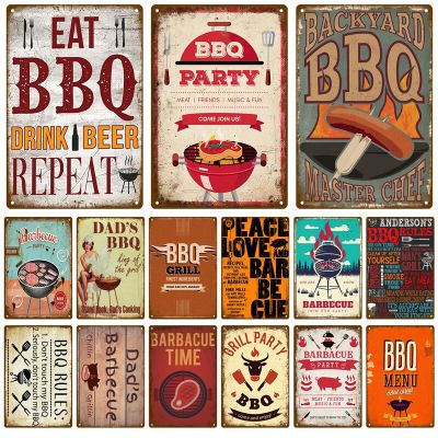 BBQ Zone  Home Decor Metal Tin Sign Vintage Dad`s BBQ Yard Outdoor Party Decoration Plate Retro Barbecue Rules Slogan Metal Sign Baking Trays  Pans