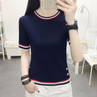 Womens T-shirts Short Sleeve Plain Tee Korean Style Summer Slim Knitted Tshirt Fashion Tops