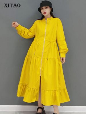 XITAO Dress Solid Color Full Sleeve Split Shirt Dress