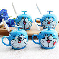 350ml Couple Ceramic Mug with Lid and Spoon Simple Cartoon Doraemon Mug Coffee Cup Breakfast Children Birthday Gift Cup