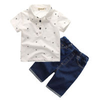 Boys Casual Fashion Set Short Sleeve Lapel Polo Top Jeans 2-Piece Set Cartoon Anchor Pattern Summer Short Sleeve Gentleman Suit