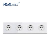 Wallpad L6สีขาวสี่ด้าน4ทางเยอรมันปลั๊ก Eu เบ้าติดผนังเต้าเสียบสายไฟ Schuko กับแผงกระจกนิรภัย344*86มม. 4พอร์ต4แก๊ง