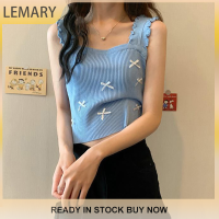 Lemary เสื้อสายเดี่ยวแขนกุดสำหรับผู้หญิง,เสื้อสายเดี่ยวถักโบว์หวานสำหรับฤดูร้อนเสื้อกล้ามพอดีตัวสีทึบ