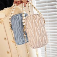 【YF】 Womens Luxury Brand Design Pearl Chain Mini Shoulder Bag PU Leather Rhombus Pattern Phone Pouch Female Tote Purse Wallet Femele
