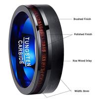 8mm Koa Wood Inlay Tungsten Carbide Ring Wedding Band Men Ring Black Brushed Promise Ring Flat Edge Comfort