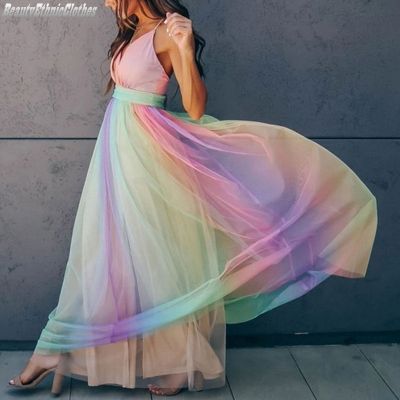 【HOT】♀☼℗ Gradient Color Spaghetti Straps Dresses Halter Gown Ladies Prom S-2XL