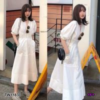 ME11830 Dress แม็กซี่เดรสยาว คอวีแขนตุ๊กตาผ้าซ่าร่า สีพื้นงานสวย น่ารัก ลุคสุภาพ พร้อมส่ง