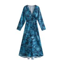 ZEVITY 2022 Women Elegant Lace Patchwork V Neck Ink Floral Print A Line Midi Dress Female Chic Long Sleeve Party Vestidos DS8977