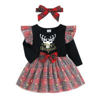 Flying Sleeve Christmas Baby Dress Bow Star Glitter Party Vestidos Plaid Baby Girl Dress Elk Toddler Girl Lace Princess Dresses