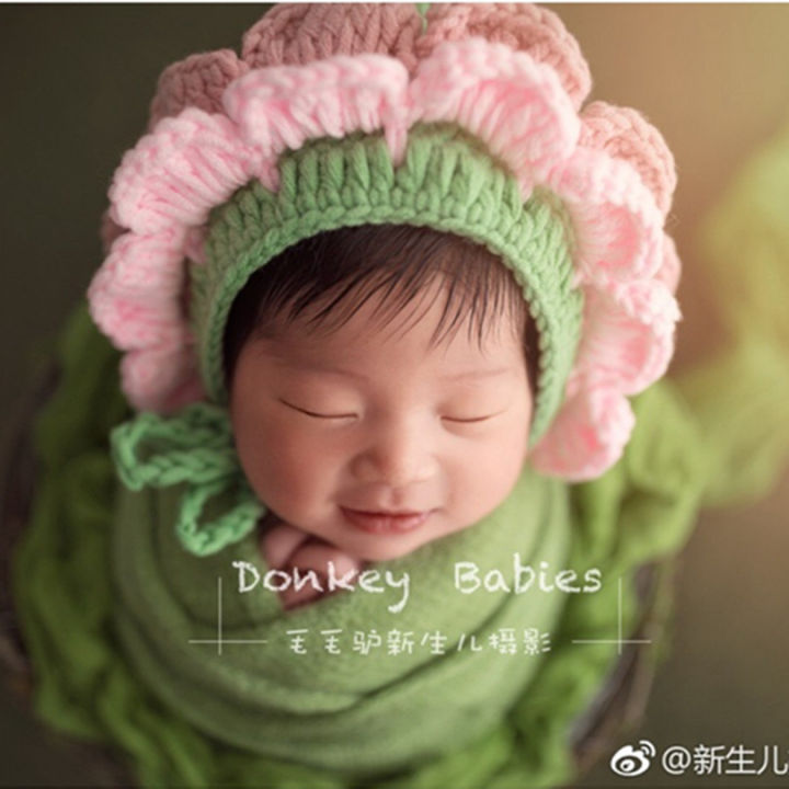 ทารกแรกเกิดเด็กสาวดอกไม้-bonnet-ถักทารก-bonnet-ทารกแรกเกิดหมวกเด็กนัวเนียหมวกอุปกรณ์ถ่ายภาพ