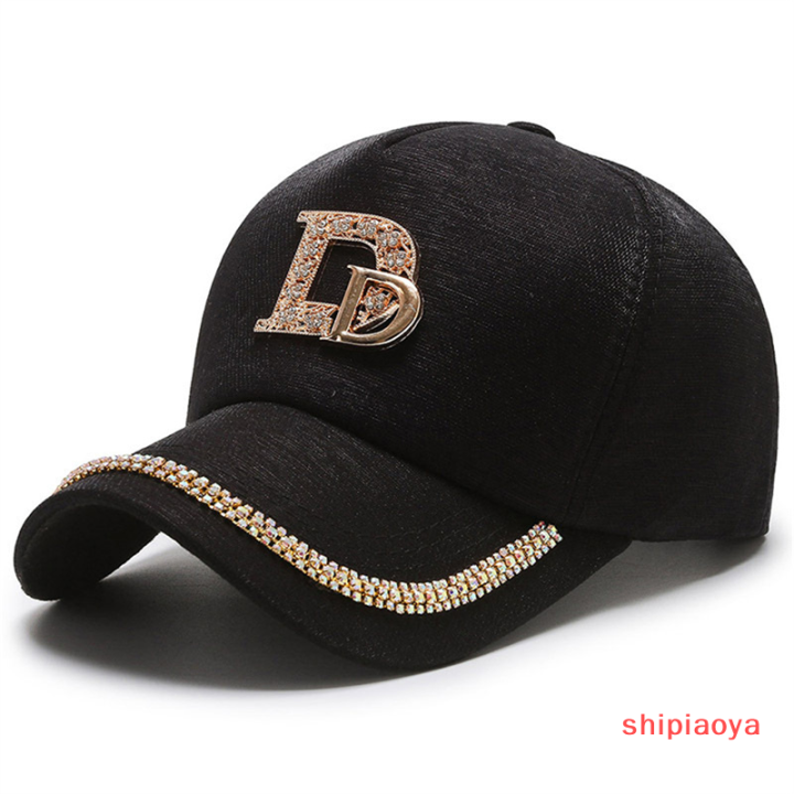 shipiaoya-หมวกแก๊ปผู้หญิง-หมวกแก๊ปผ้าฝ้ายติดพลอยเทียมตัวอักษร-d-หมวกเบสบอลหมวกแก๊ปหมวกกันสียูวีฮิปฮอป