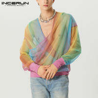 INCERUN เสื้อยืดเสื้อฮู้ดตาข่ายคอแกว่งไล่ระดับสีแขนยาวสำหรับผู้ชาย (สไตล์ตะวันตก)