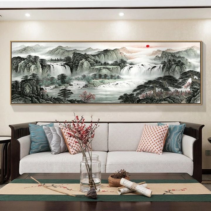 โปสเตอร์ภาพวาดบนผ้ารูปนกภูเขาสไตล์จีนตกภูมิทัศน์ศิลปะพิมพ์บนผนังตกแต่งสำนักงานห้องนั่งเล่น