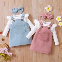 Newborn Babys Clothes Girls Outfits Sweet Style Long Sleeve Round Collar Kids Romper Front Pocket Suspender Skirt Headwear Set  by Hs2023