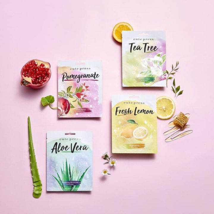 ชีท-มาส์ก-4สูตร-คิวท์เพรส-เลม่อน-พอมมากราเนท-อโลเวร่า-ทีทรี-cute-press-sheet-mask-lemon-pomegranate-aloe-vera-tea-tree