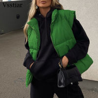 Vsstiar Winter Women Sleeveless Vest Cotton Oversized Loose Thick Warm Coats Clothes Green Orange Puffer Parkas Jacket Vests