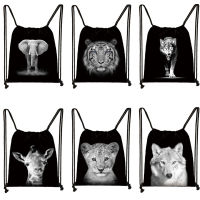 Black White Wild Animals Print Drawstring Bag Men Storage Cool Boys Tiger Wolf Lion Backpack Teenager Travel Bags Gift