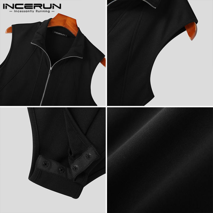 incerun-เสื้อกั๊กมีซิปรูดสำหรับผู้ชายเสื้อยืดชุดจั๊มสูทสีเดียวลำลองกางเกงชั้นใน-สไตล์ตะวันตก