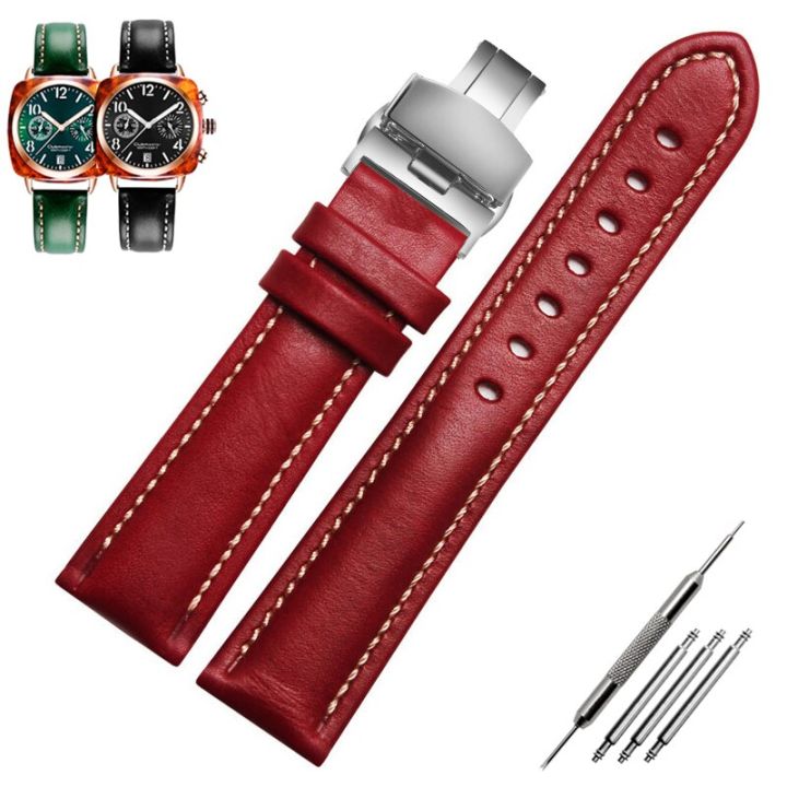 กำไลข้อมือหนังแท้สีดำแดงเขียวสายนาฬิกาแบบมีตะขอทรงผีเสื้อขนาด18มม-20มม-21mm2สายนาฬิกาข้อมือ2มม