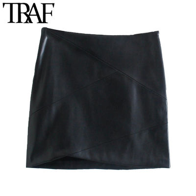 TRAF Women Fashion Faux Leather Asymmetric Mini Skirt Vintage High Waist Side Zipper Female Skirts Mujer