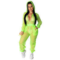 2021Plus Size Summer Rompers Womens Jumpsuit Neon Green Full Sleeve Hooded Long Overalls Streetwear Mesh Perspective Beach Bodysuit