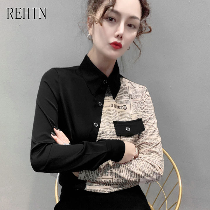 rehin-ผู้หญิงฤดูใบไม้ร่วงใหม่เกาหลีรุ่น-retro-แฟชั่น-vintage-พิมพ์-patchwork-ตัวอักษรหลวมเสื้อแขนยาว-lapel-chiffonr-เสื้อ
