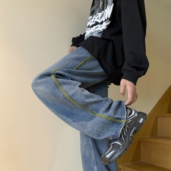 asrv-กางเกงยีนส์ชาย-กางเกงขายาว-ชาย-กางเกงยีนส์ผู้ชาย-jeans-for-men-กางเกงสแล็คขากว้างทรงหลวมลายทางดีไซน์ใหม่สำหรับผู้ชายกางเกงยีนส์ตรง