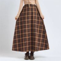 COD ♨ The Nonexistent Shop32dsgd0 Woolen plaid long skirt maxi skirt new loose retro british style high waist A-line skirt labuh Muslim