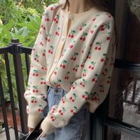 ☢♚✲ Sweaters Coat 2023 Cherry-Print Knitted Cardigans for Woman Breasted Loose Cardigan