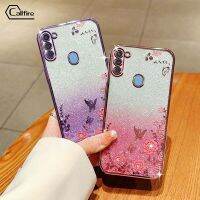 Callfire เคสโทรศัพท์ผงชิมเมอร์ลายตัวอักษรสำหรับ Samsung Galaxy A11 M11 A7 2018 A750 A03S A21S แบบดอกไม้ผีเสื้อซิลิโคนหรูหราป้องกันการตกกรอบนิ่ม