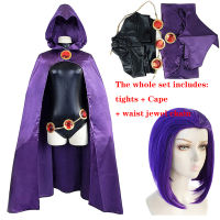 Teen Titans Raven คอสเพลย์เครื่องแต่งกาย Superhero เสื้อคลุม Jumpsuits Zentai ฮาโลวีนเสื้อผ้า Cape เอวเครื่องประดับ Chain