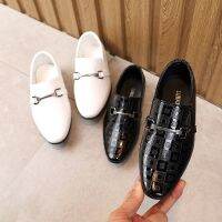 Children Shoes Kids Leather Flats For Medium Big Boys Metal Buckle Classic Style Fashion White Black For Wedding Stage 26-36 New