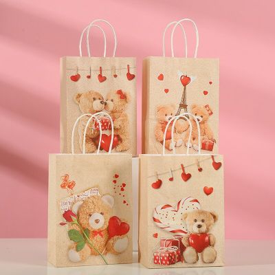5pcs Love Heart Bear Kraft Paper Bags Valentines Day Gift Packaging Anniversary Wedding Cookie Candy Bag Birthday Party Supplies Tapestries Hangings