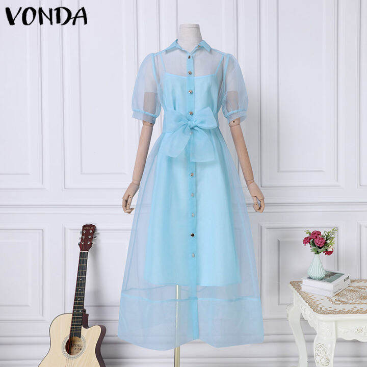 western-style-vonda-party-women-fashion-solid-color-pleated-puff-sleeve-long-maxi-dresses