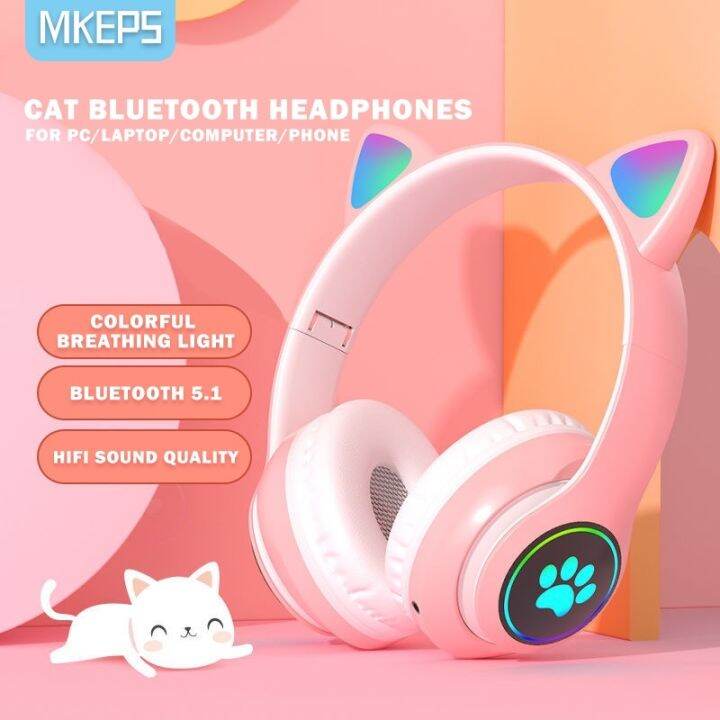 MKEPS Cat Headphones LED Headset With Mic Wireless Headphone Noise